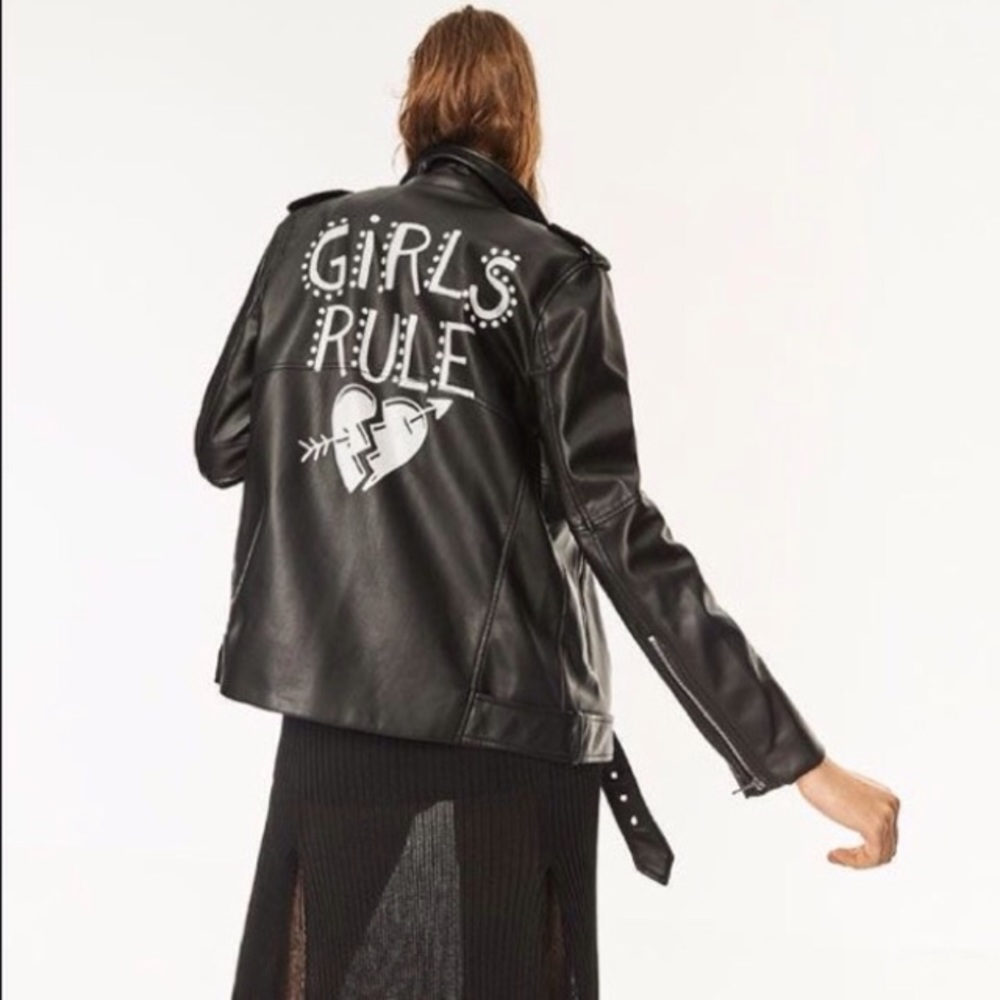 Zara Black Faux Leather Moto Jacket "Girls Rule"